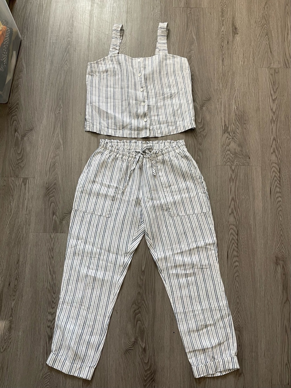 Three dots Striped Linen set tank and Drawstring Pants - White/Blue
